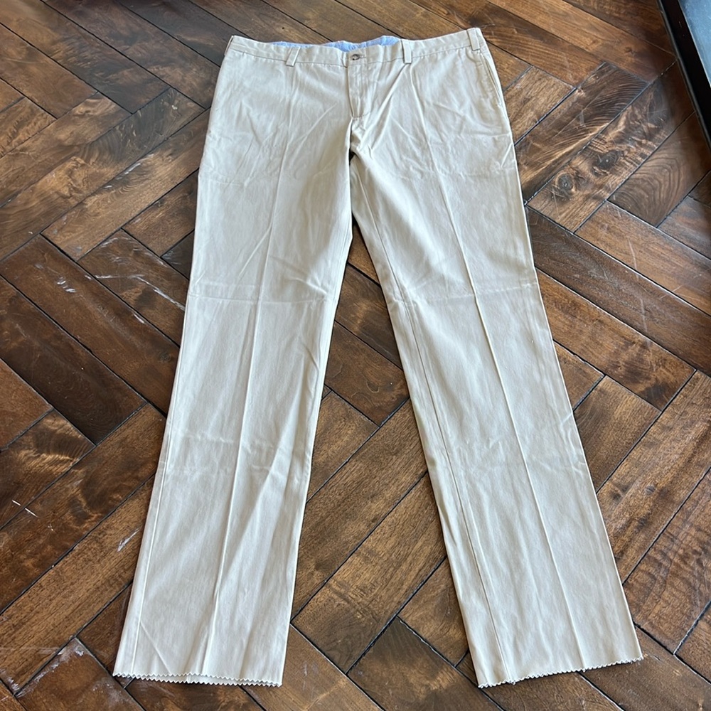 Frank’s pants made in USA trim fit unhemmed bottom khaki color fitted trouser